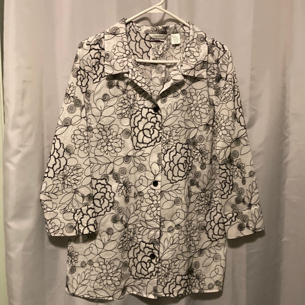 Laura Ashley Shirt,Black/White Embroidered on Polyester,Large